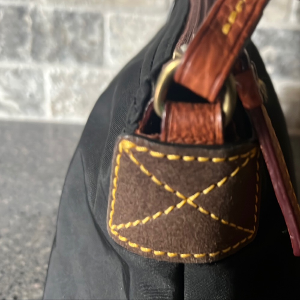 Dooney & Bourke Black Handbag with Brown Leather Strap and Hot Pink Interior - Picture 9 of 16
